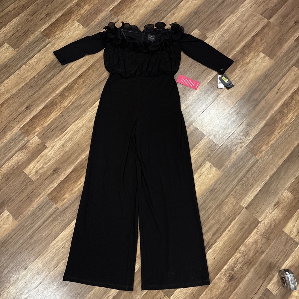 Adrianna Papell Womens Off the Shoulder Scalloped Edge Jumpsuit Black 12 - Picture 3 of 9